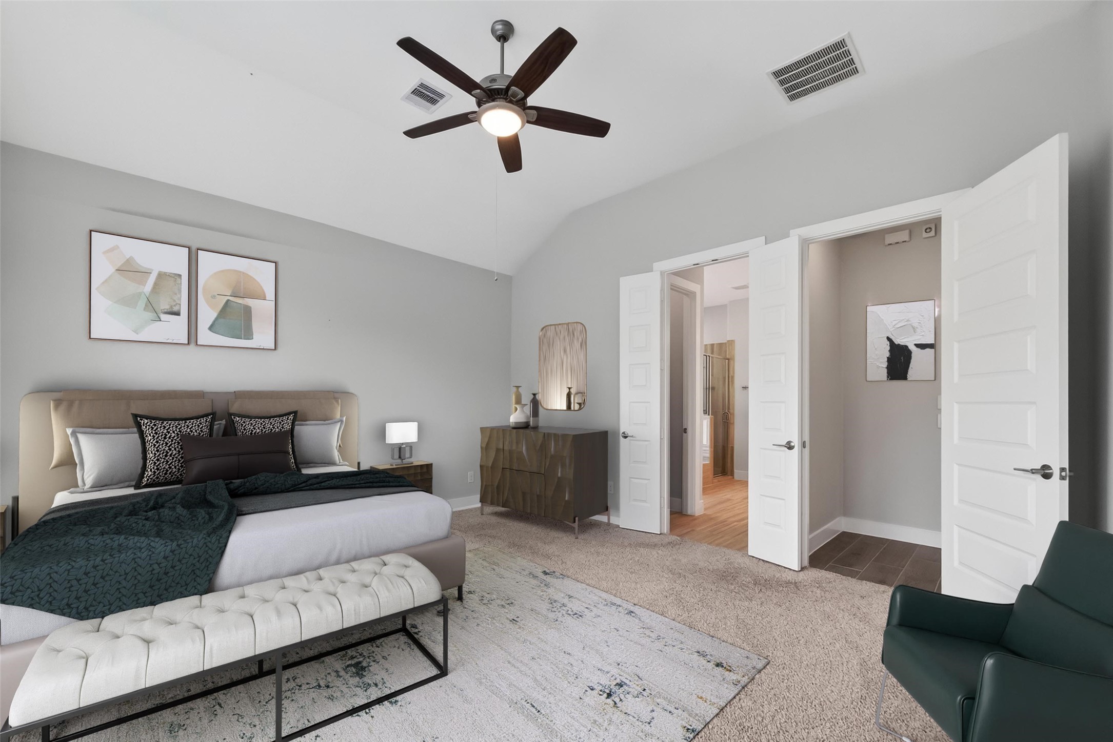 3415 Mckinney Ridge Drive Houston, TX 77059 - Photo 23 of 43 Virtually staged primary bedroom retreat shown with king bed, bench, chair and dresser.