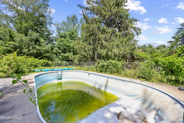 a view of a swimming pool and trees in the background