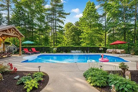 an outdoor space with furniture