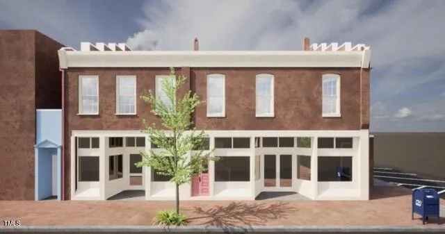 a front view of a building with street