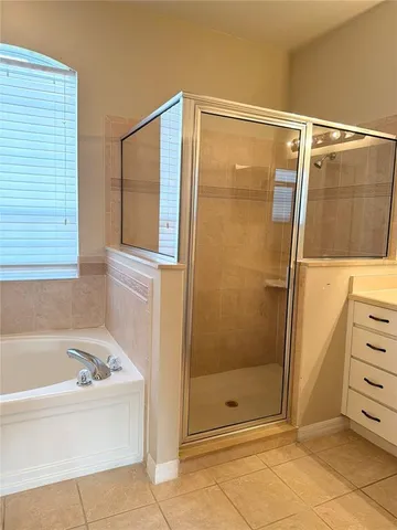 a bathroom with a shower and a bath tub