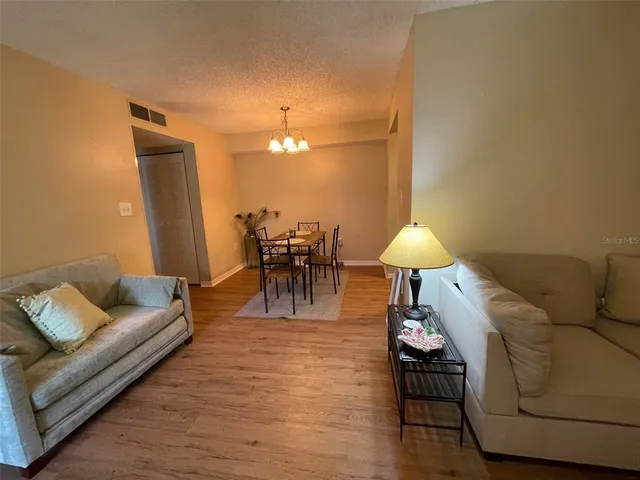 a living room with furniture and a lamp
