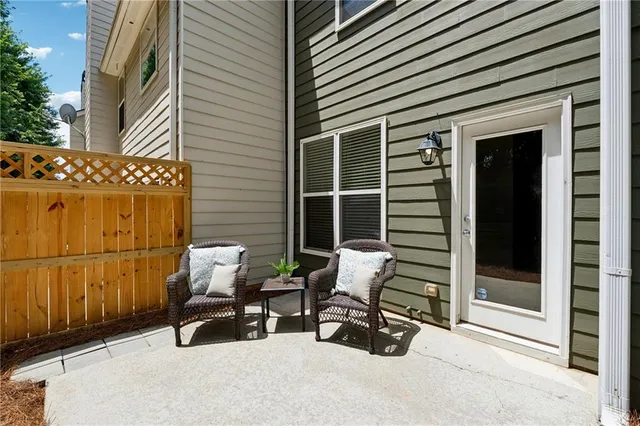 a building outdoor space with patio furniture