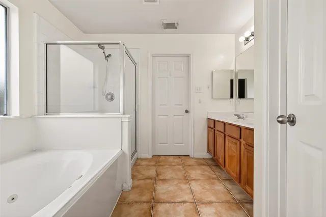 a bathroom with a tub sink shower and mirror