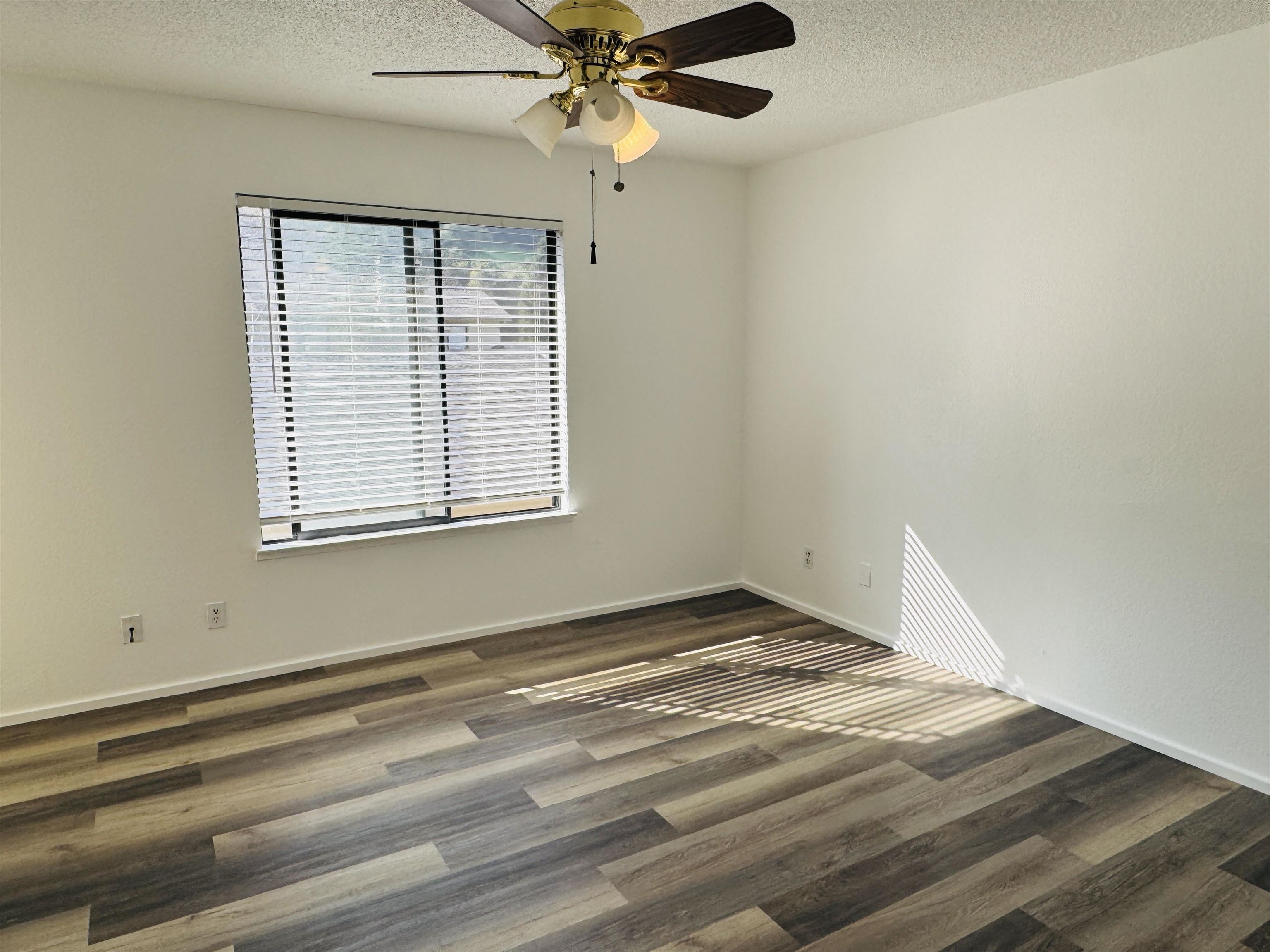 704 Windsor Hercules, CA 94547 - Photo 7 of 9 Empty room with a textured ceiling, dark wood-type flooring, and a ceiling fan