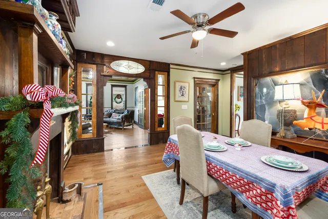 a room with fireplace and furniture