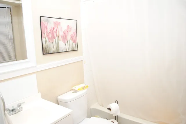 a bathroom with a toilet and a shower curtain