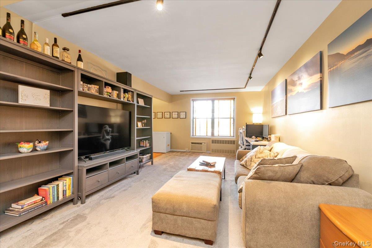 Living area with rail lighting, light colored carpet, radiator, and a desk