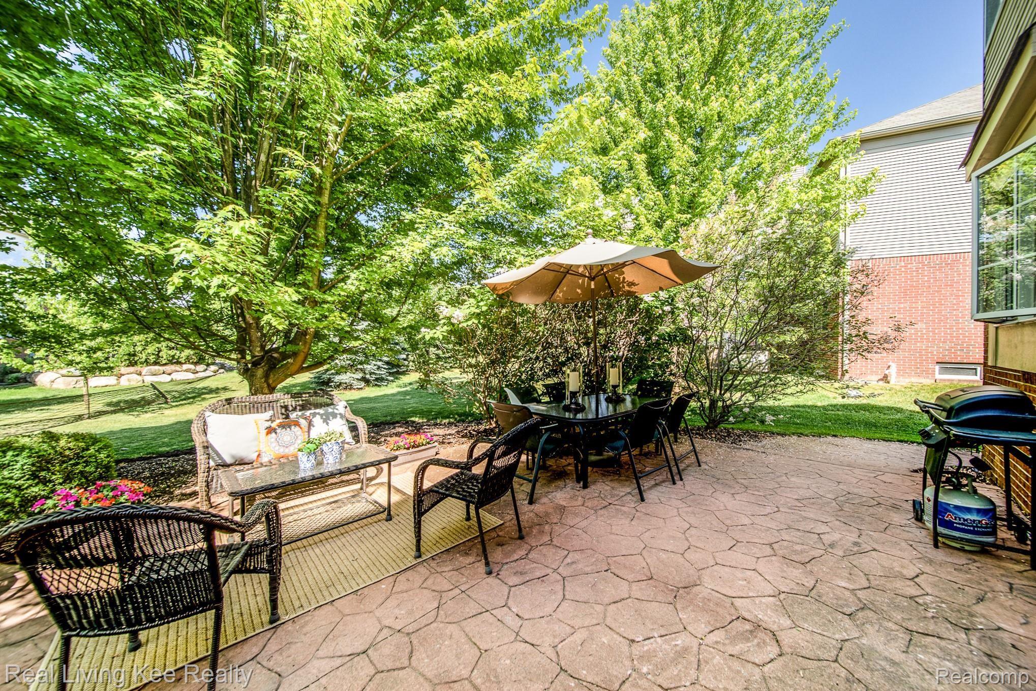 Large Stamped Concrete Patio out Back with Privacy