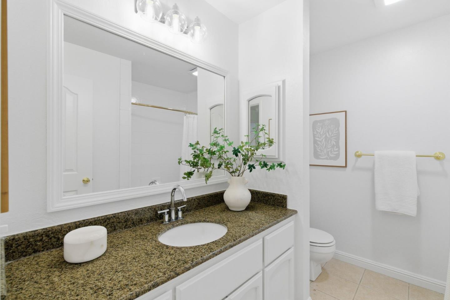 1144 Cherryview Lane San Jose, CA 95118 - Photo 34 of 77 a bathroom with a granite countertop sink and a mirror