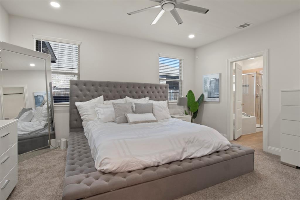 4125 Fern Loop Forney, TX 75126 - Photo 13 of 40 Light-toned wall finishes, recessed lighting, ceiling fan, carpeted flooring, and a connected bathroom featuring a shower and separate bathtub