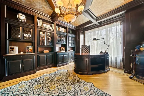 a view of a dining room with furniture