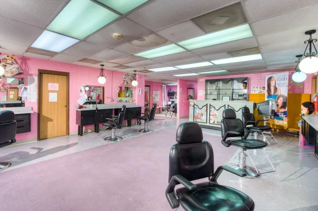 a view of a dining room with furniture