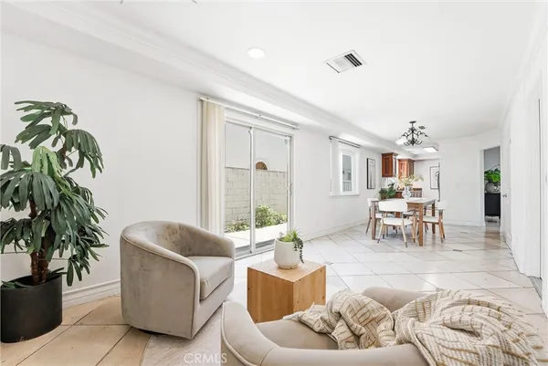a living room with furniture and a potted plant