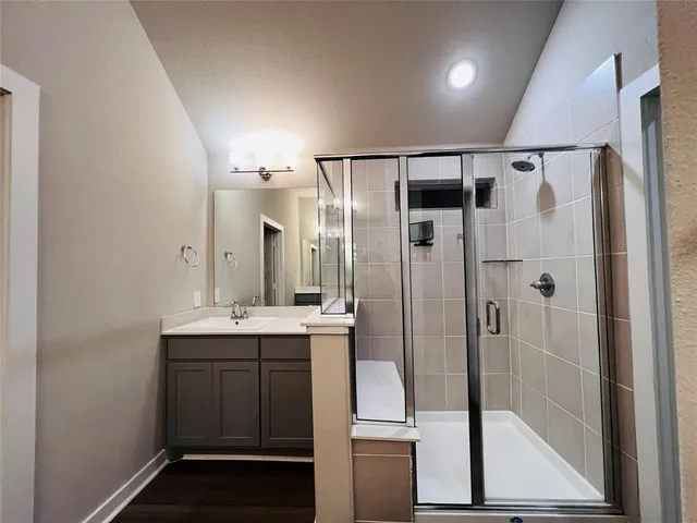 a bathroom with a shower sink and mirror
