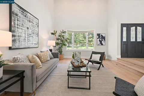 a living room with furniture plant and a window