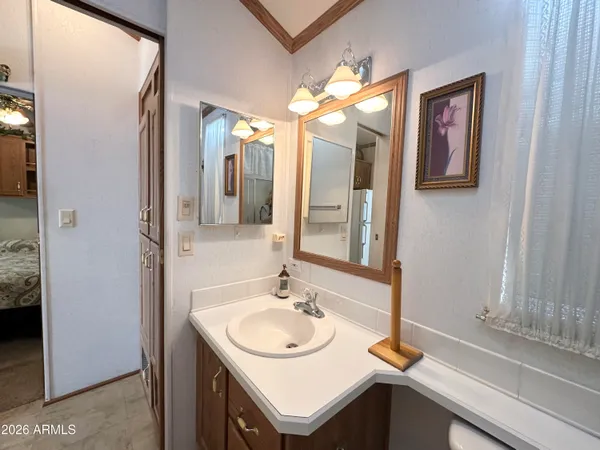 a bathroom with a sink a vanity and a mirror