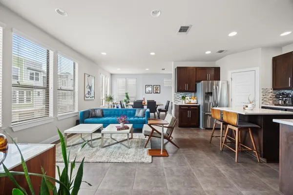 a room with a table and a mirror