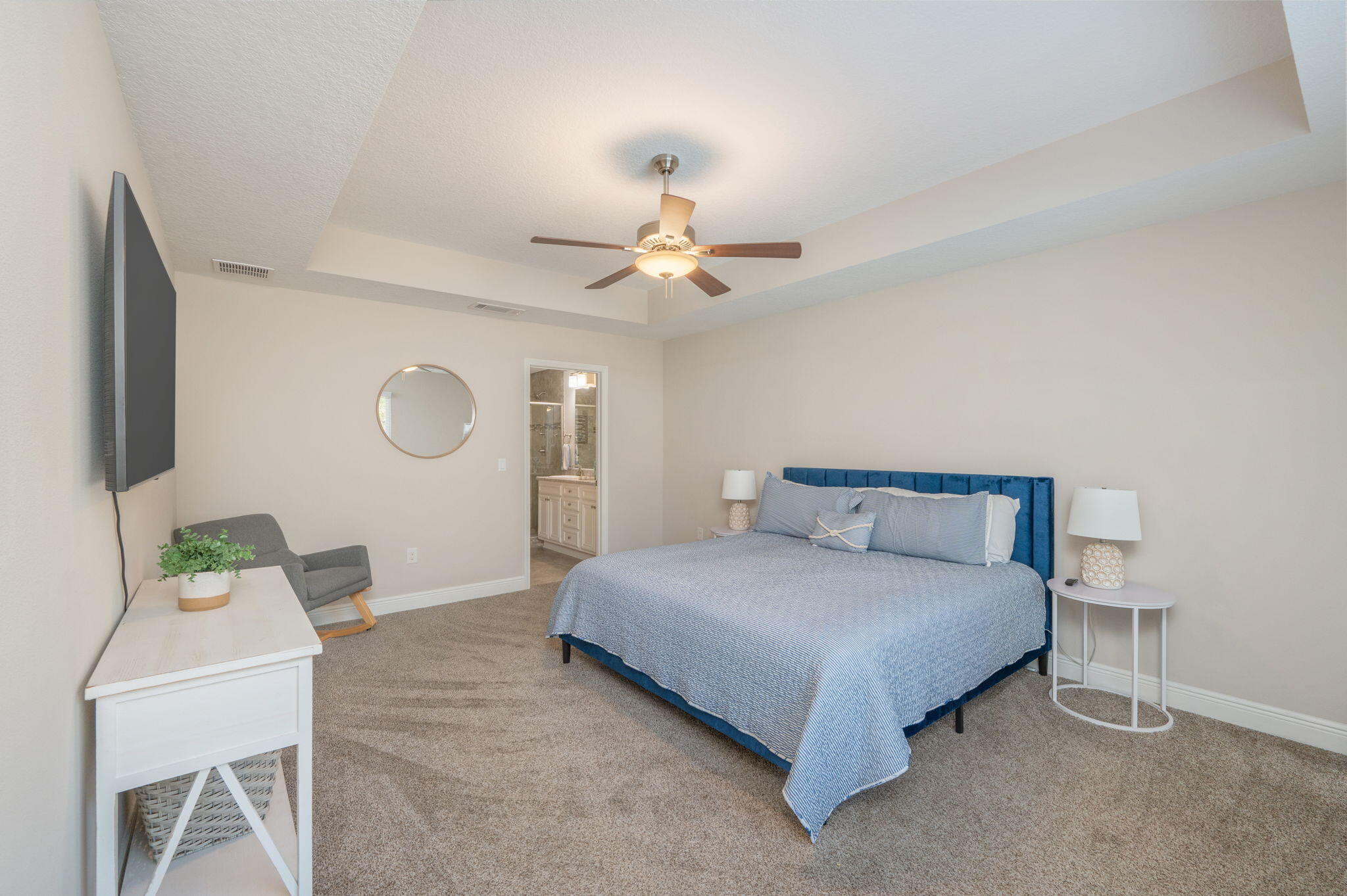 2714 Ola Broxson Road Navarre, FL 32566 - Photo 28 of 52 a bedroom with a bed chandelier painting on the wall and a window
