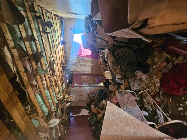 a view of a yard with wooden fence