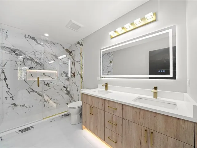 a bathroom with a double vanity sink mirror and toilet