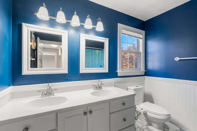 a bathroom with a toilet a sink and mirror