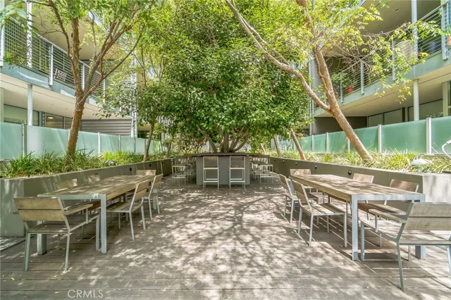 an outdoor space with seating area