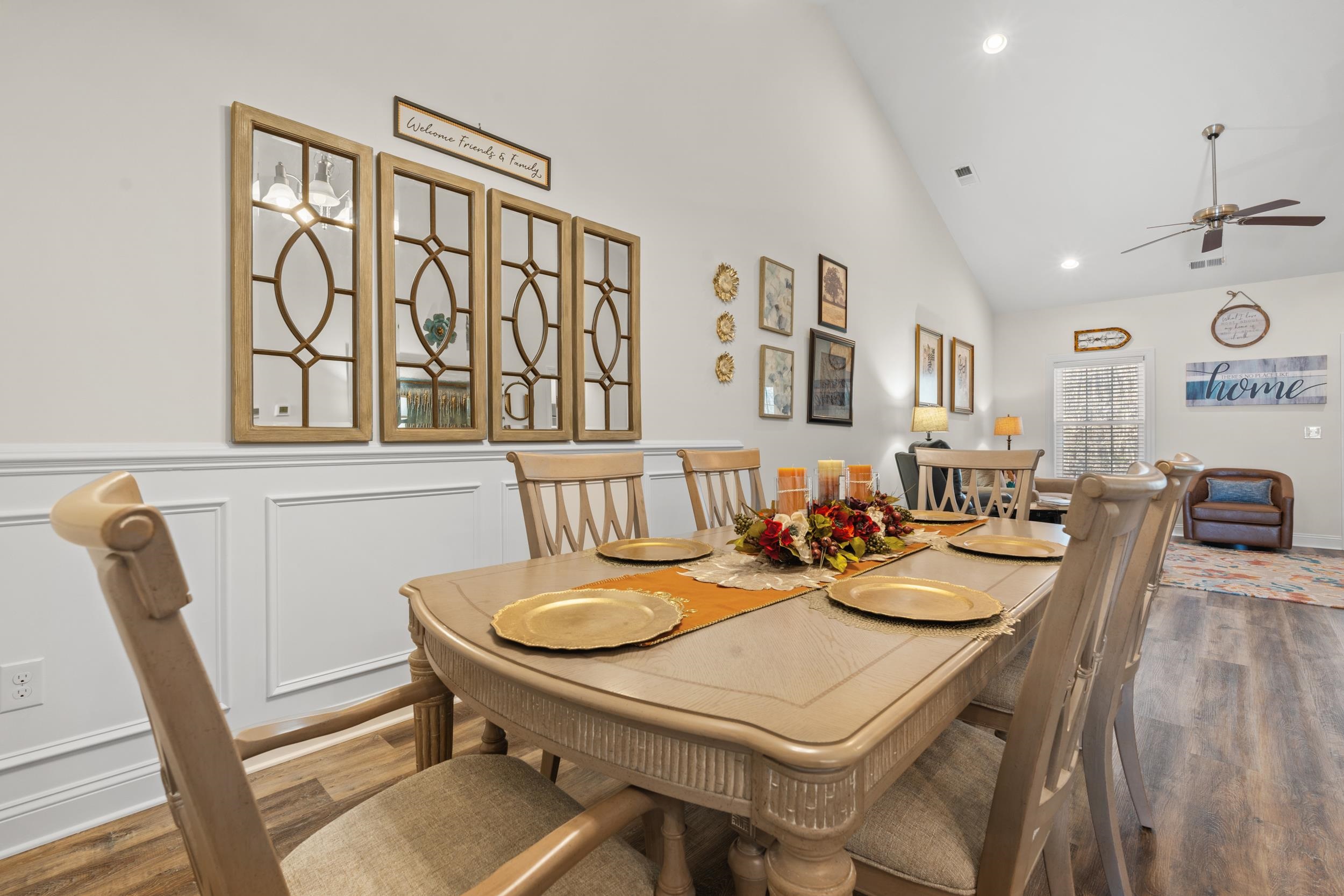 900 Jackline Place, Unit 202 Murrells Inlet, SC 29576 - Photo 21 of 39 Dining space with wood finished floors, recessed lighting, high vaulted ceiling, and ceiling fan