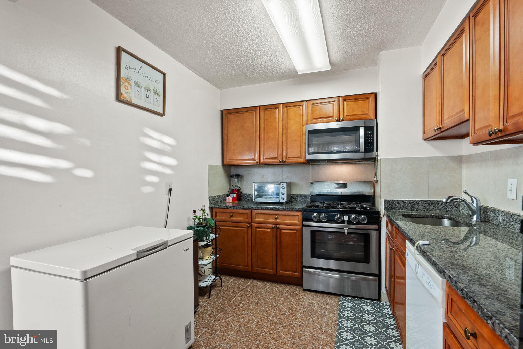 1832 Metzerott Road, Unit 303 Adelphi, MD 20783 - Photo 10 of 22 a kitchen with stainless steel appliances granite countertop a stove a sink and a microwave