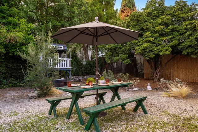 a view of a backyard with sitting area and furniture