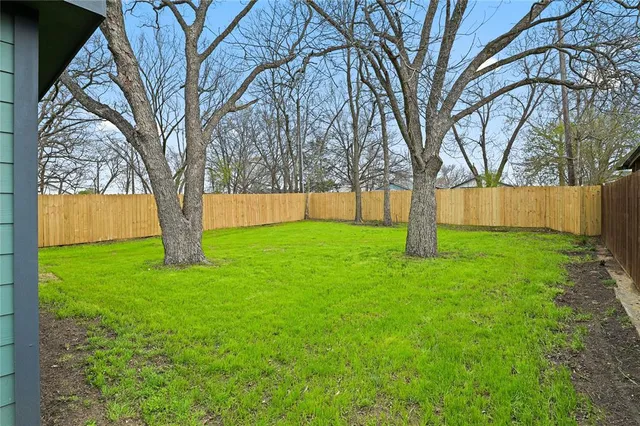a view of a backyard with large trees