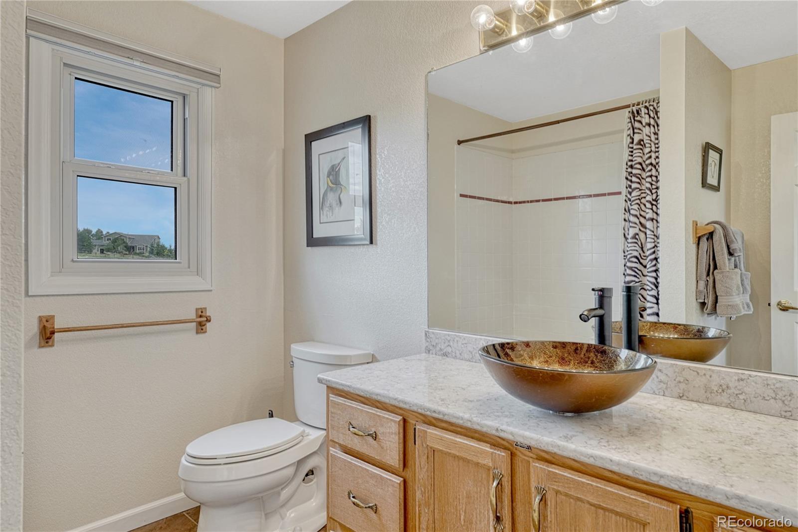43793 Buckskin Road Parker, CO 80138 - Photo 30 of 50 a bathroom with a granite countertop sink and a mirror