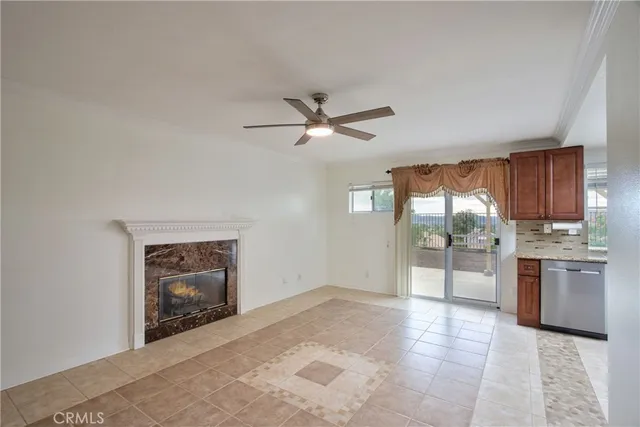 a view of a kitchen with a stove cabinets and a fireplace