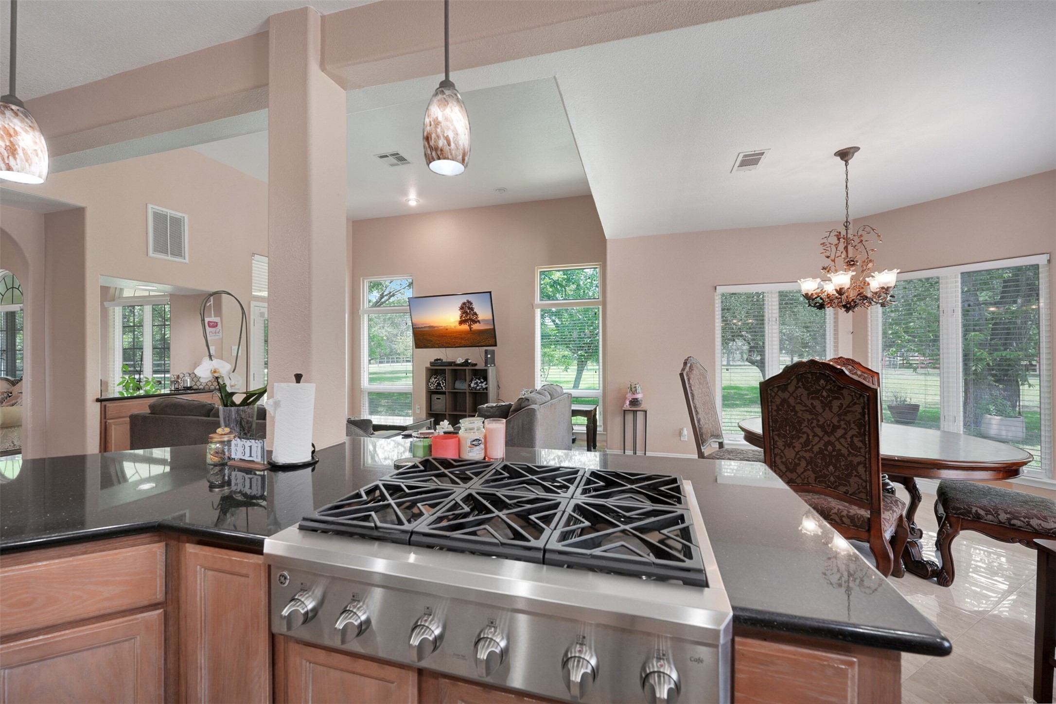 2750 County Road 48 Rosharon, TX 77583 - Photo 13 of 40 a kitchen with a stove a sink a chandelier and living room view