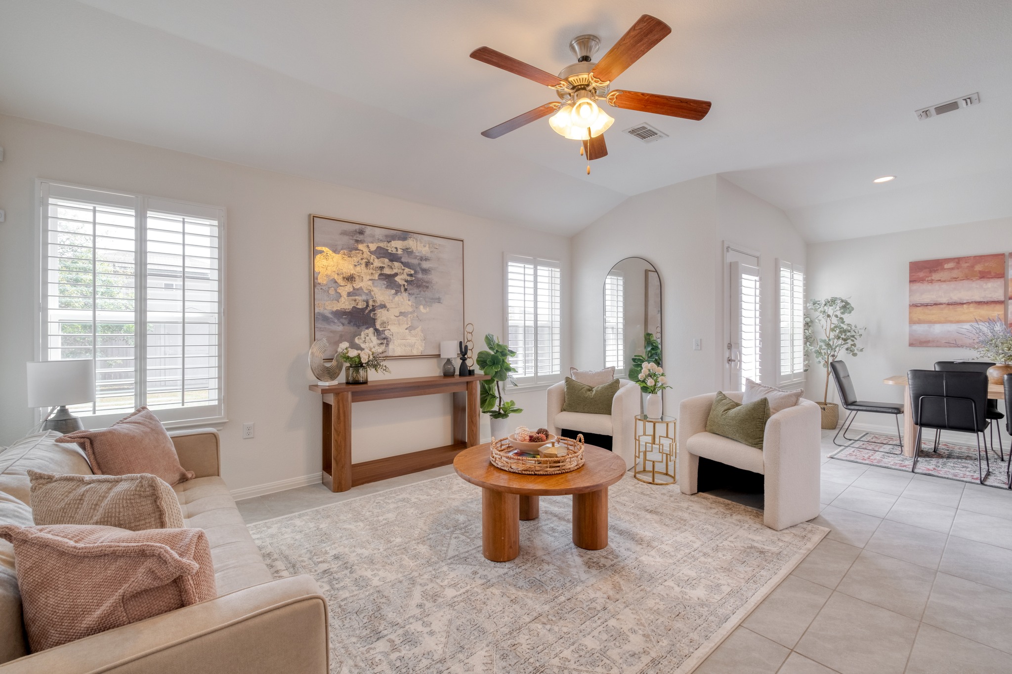 16400 Fetching Avenue Manor, TX 78653 - Photo 3 of 32 Living area with a ceiling fan, lofted ceiling, light tile patterned floors, and recessed lighting