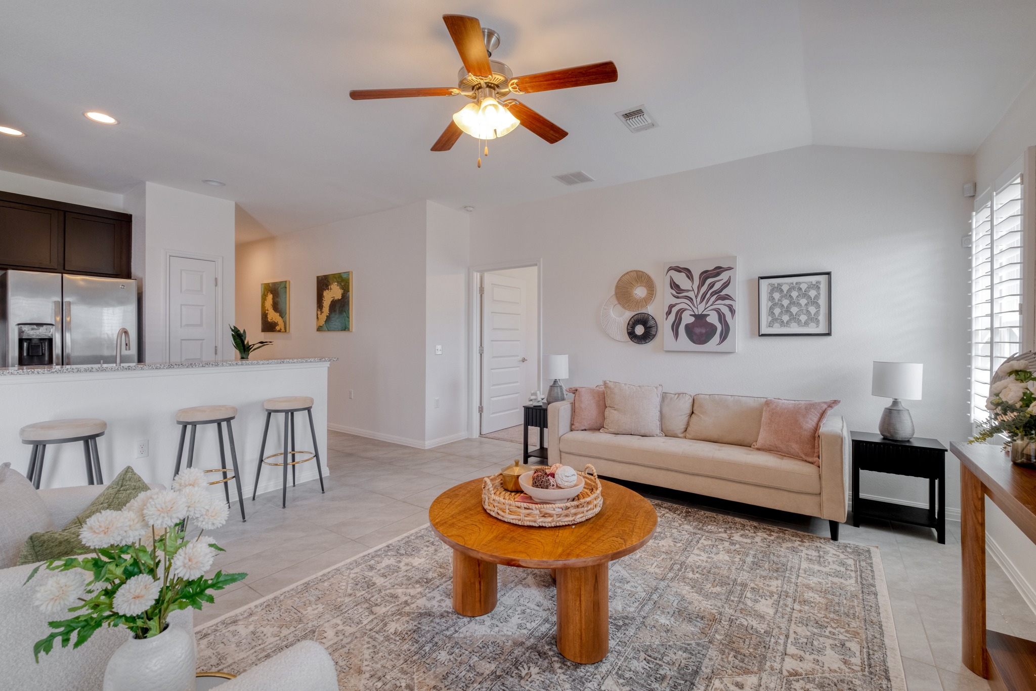 16400 Fetching Avenue Manor, TX 78653 - Photo 5 of 32 Living room featuring a ceiling fan, recessed lighting, and lofted ceiling