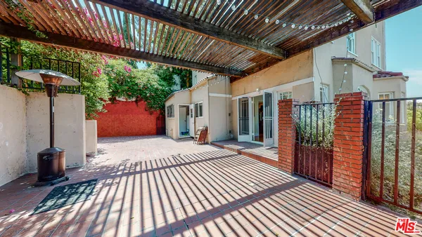 a porch with seating space