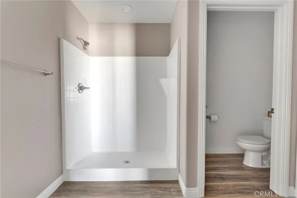 a bathroom with a shower and a toilet