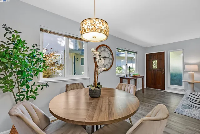 a view of a dining room with furniture a potted plant and wooden floor