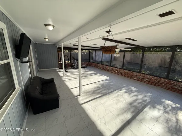 a hallway with a couch