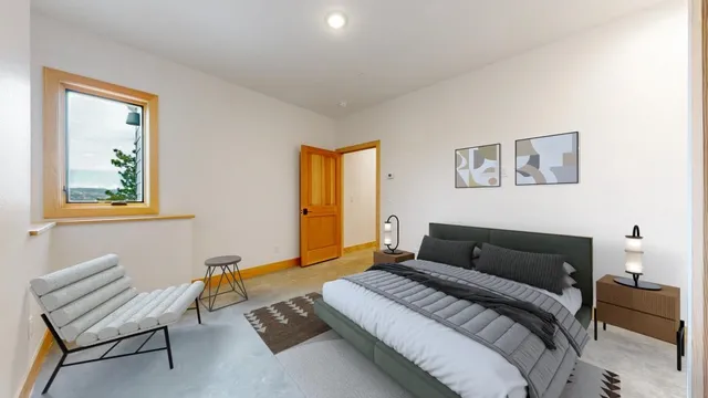 a bedroom with a bed and a couch