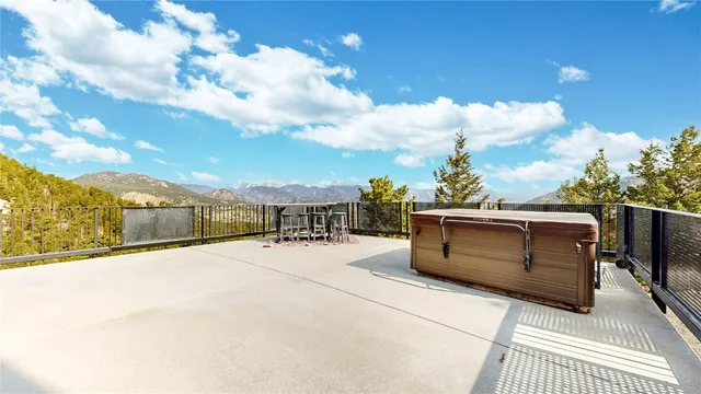 a terrace with a city view