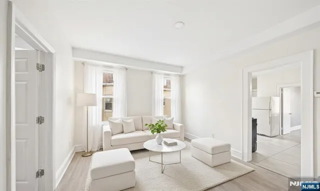 a living room with furniture and a potted plant