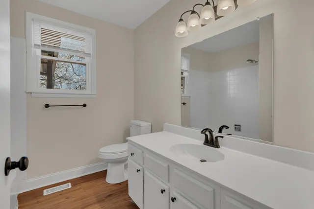 a bathroom with a sink mirror and toilet