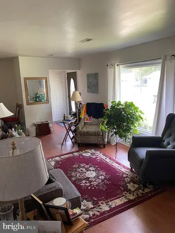 a living room with furniture rug and a window