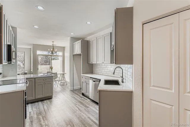 a kitchen with a sink stove and refrigerator