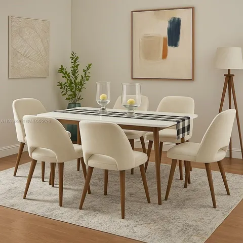 a dining room with furniture and window