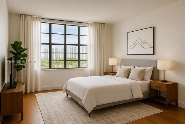 a bedroom with a large bed and a window