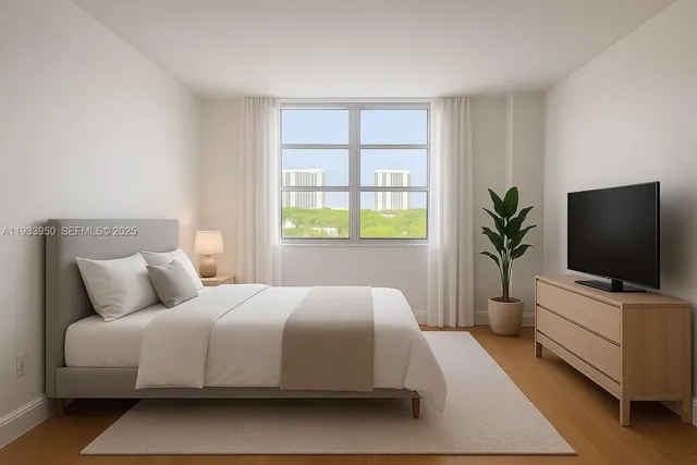 a bedroom with a large bed and a flat screen tv