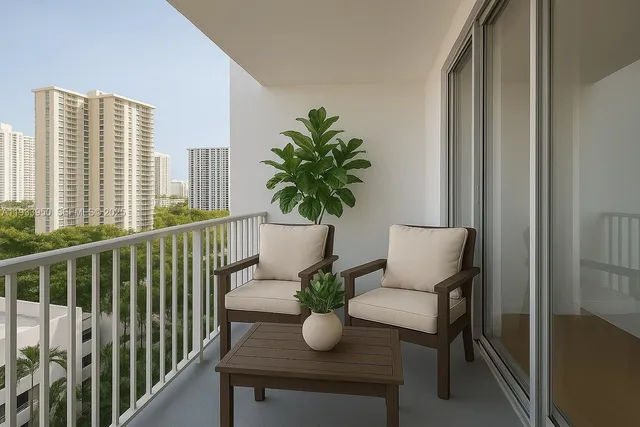 a view of a balcony with chairs and potted plants